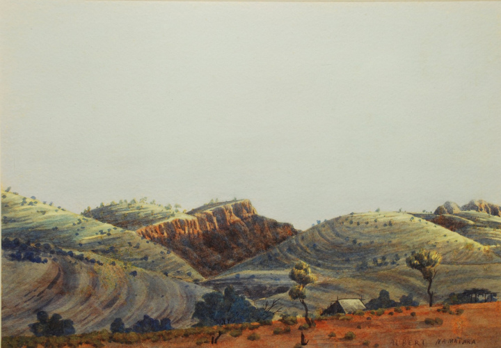 Albert Namatjira, Albert’s camp near Mount Hermannsburg, 1941, Watercolour on paper, 23.5 x 34.5 cm, Araluen Art Collection, Accquired in 1992