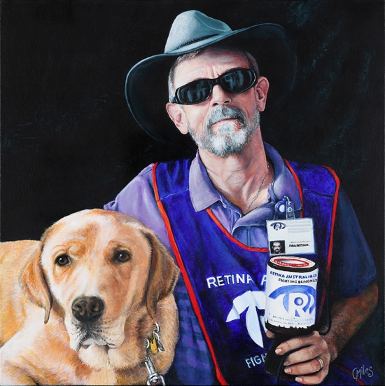 painting of blind white man with seeing-eye dog, collecting money for Retina Australia