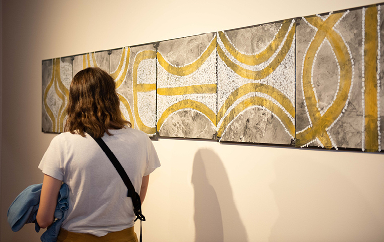 2. Desert Mob 2024 Exhibition featuring work by Joseph Williams Jungarayi of Nyinkka Nyunyu Art & Cultural Centres. Photo by Sar