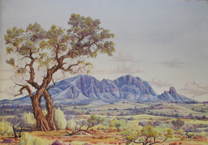 Albert Namatjira, Mount Sonder with Corkwood Tree, c. 1944